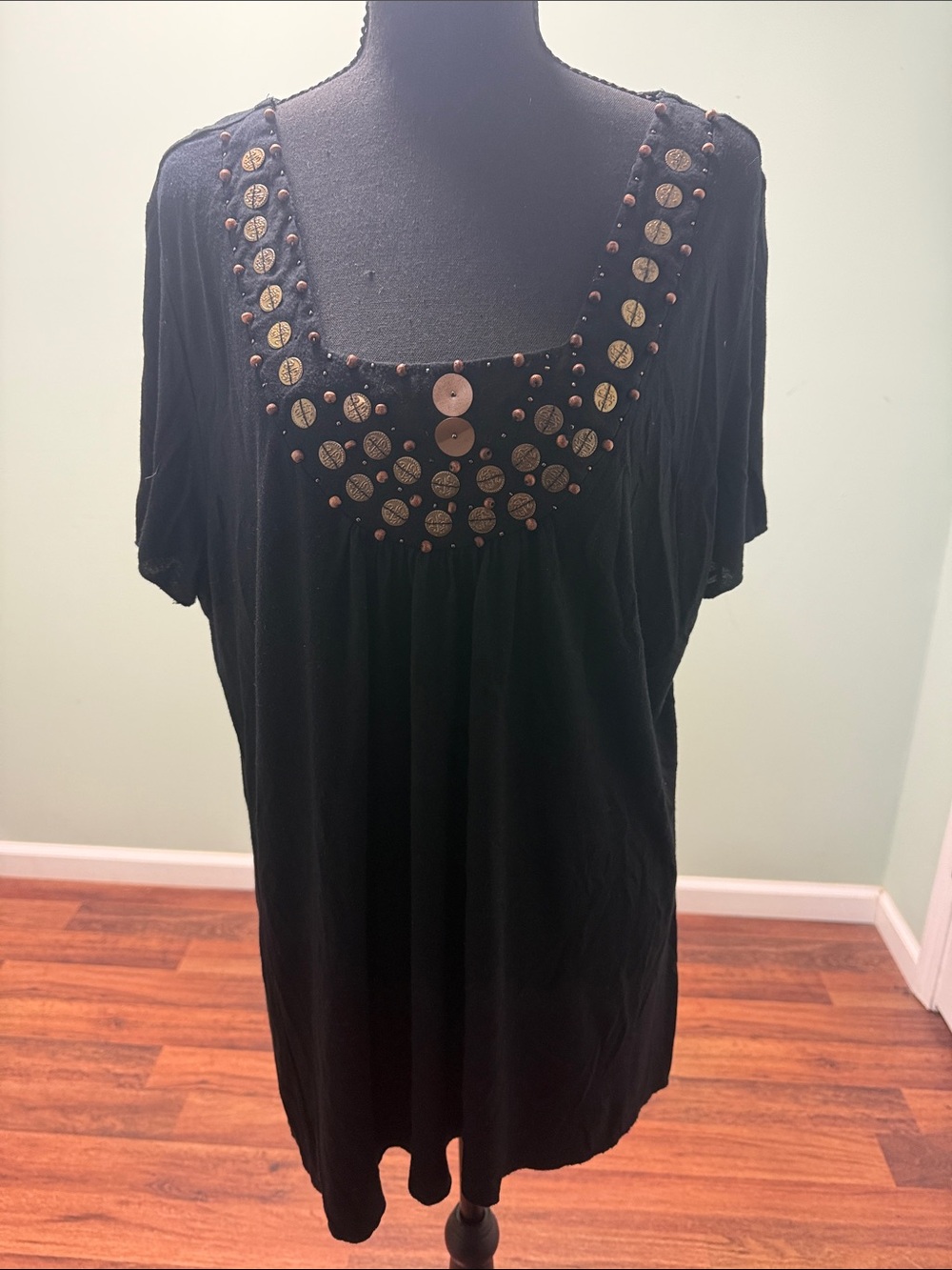 Choices Black Short-Sleeve Scoop Neck Top with Metallic Coin Accents